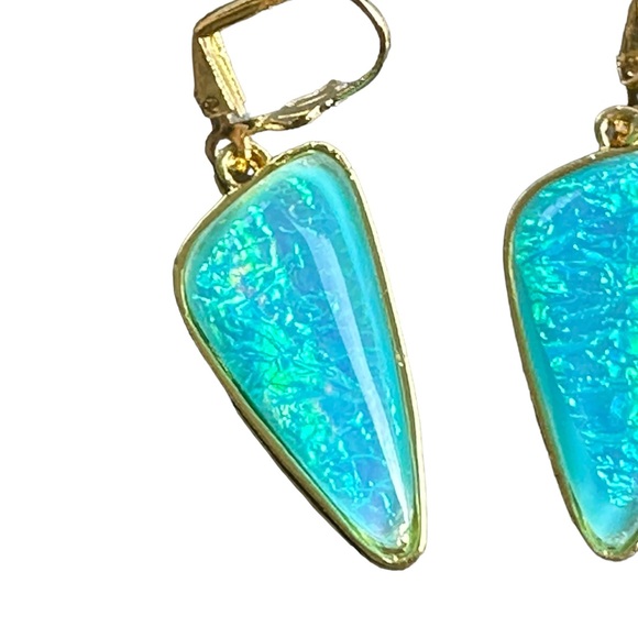 Gold and Iridescent Turquoise Geometric Drop Earrings - Picture 2 of 6